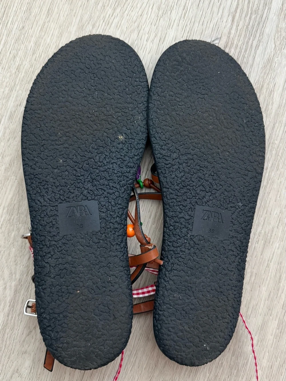 Zara Brown Strappy Sandals with Colorful pepper embellishment and Gingham Ties - Picture 5 of 5